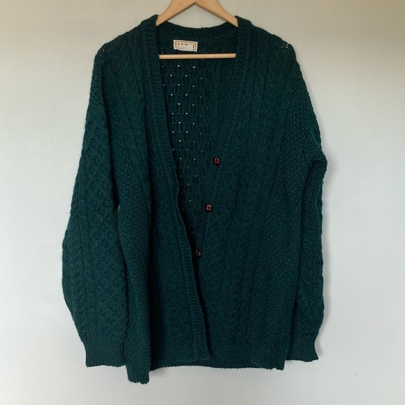 L.L. Bean Dark Forest Green Cable Knit Aran Fisherman Cardigan made in Ireland - Picture 1 of 6